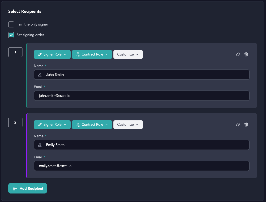 An online form for signing or setting signing order for recipients, showing two entries: John Smith and Emily Smith with their email addresses.