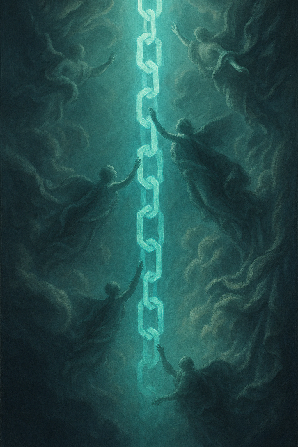 Four ethereal figures reaching towards a glowing chain suspended in the sky amidst dark, swirling clouds.