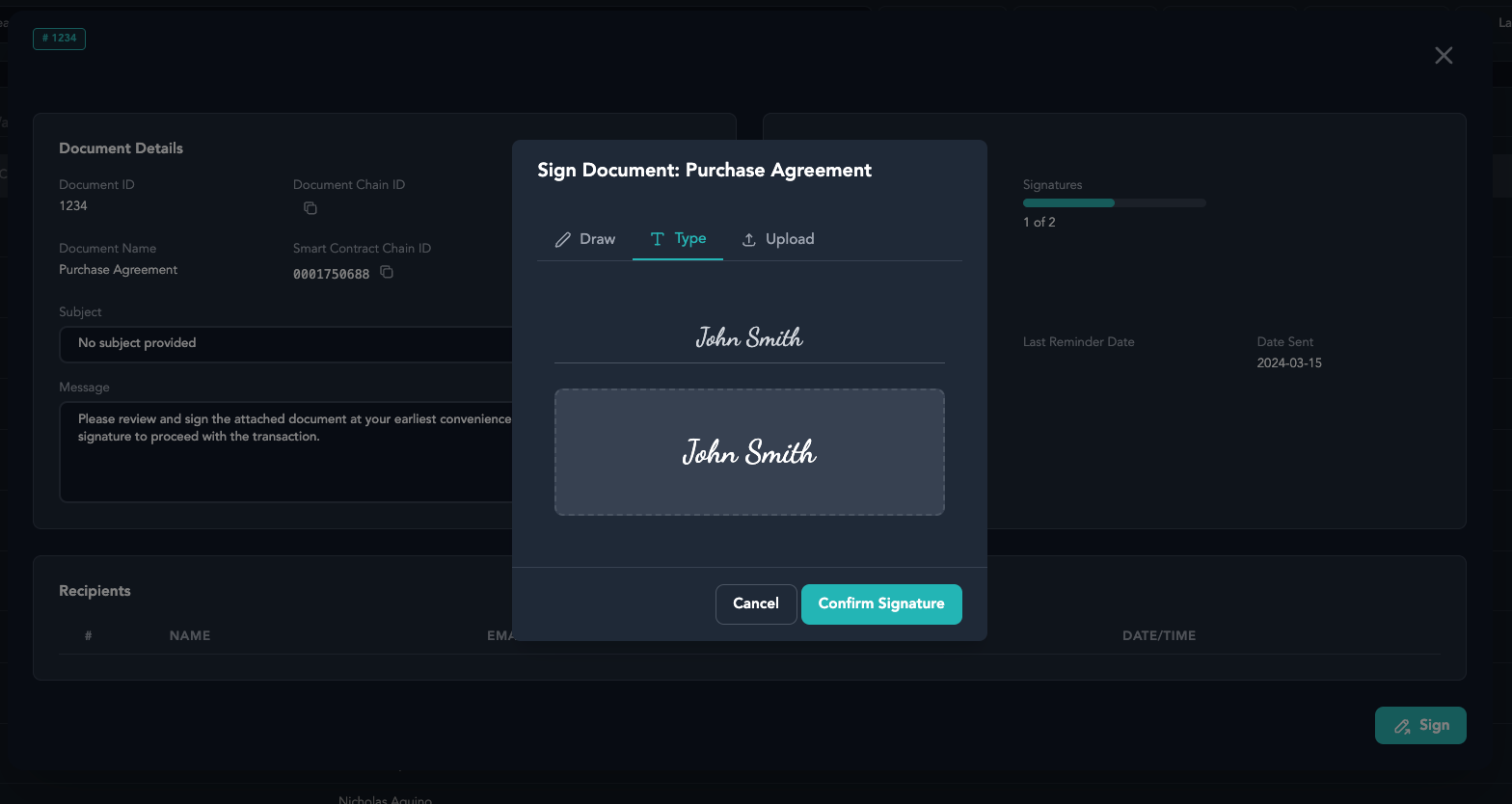 Digital interface showing a signature confirmation window on a purchase agreement document with the name John Smith, with options to cancel or confirm signature.