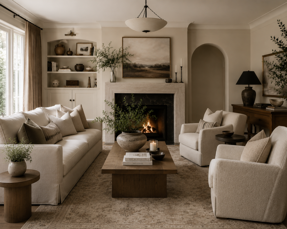 A cozy living room with a lit fireplace, surrounded by white armchairs and a sofa. A wooden coffee table in the center holds potted plants, candles, and books. Built-in shelves with decorative items and a large landscape painting above the fireplace add to the warm, inviting atmosphere.