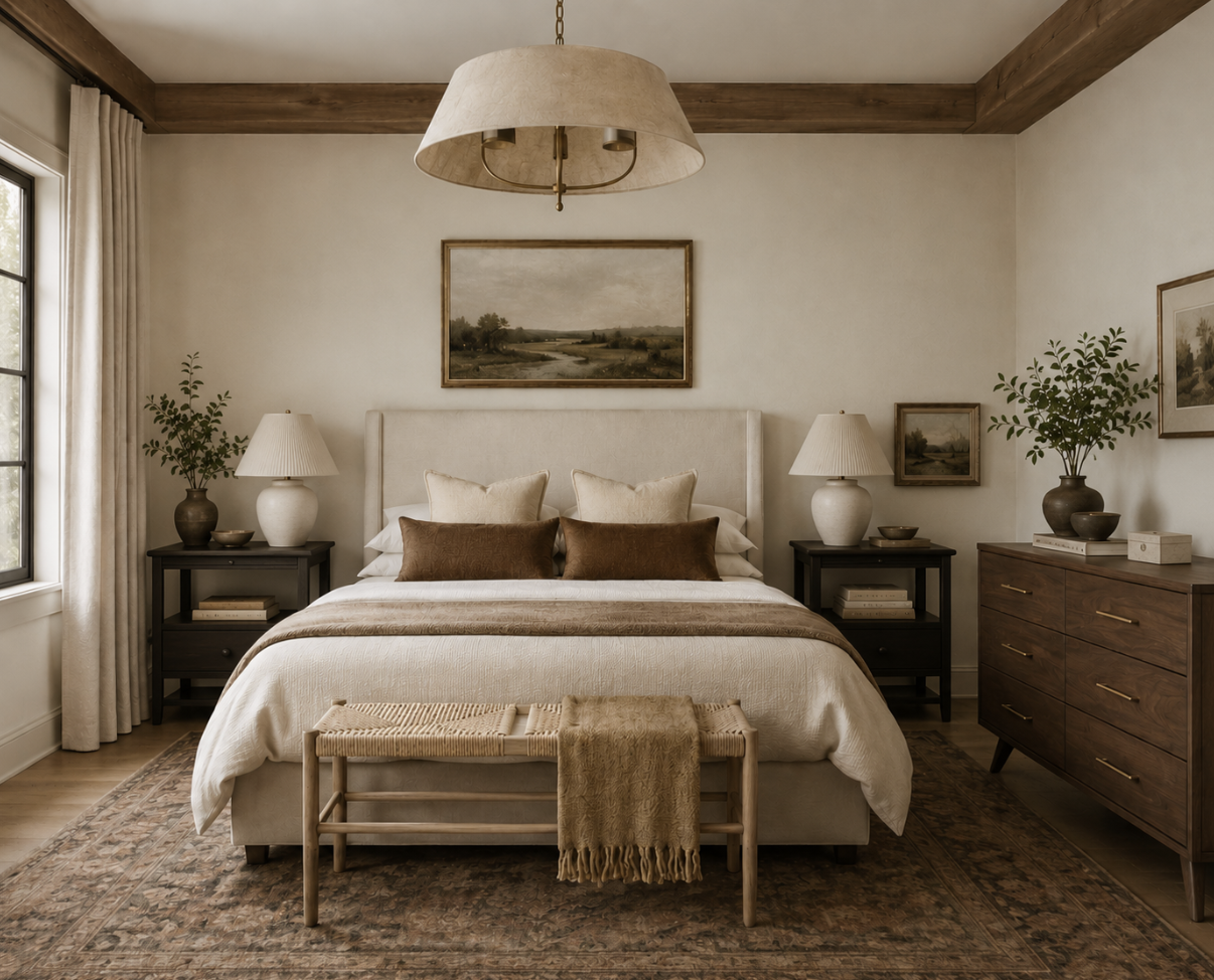 A cozy bedroom with a large bed featuring beige and brown pillows, two black nightstands with matching lamps, a wooden dresser with vases and books, a framed landscape painting above the bed, and a window with cream curtains, all decorated in neutral tones with a rustic style.