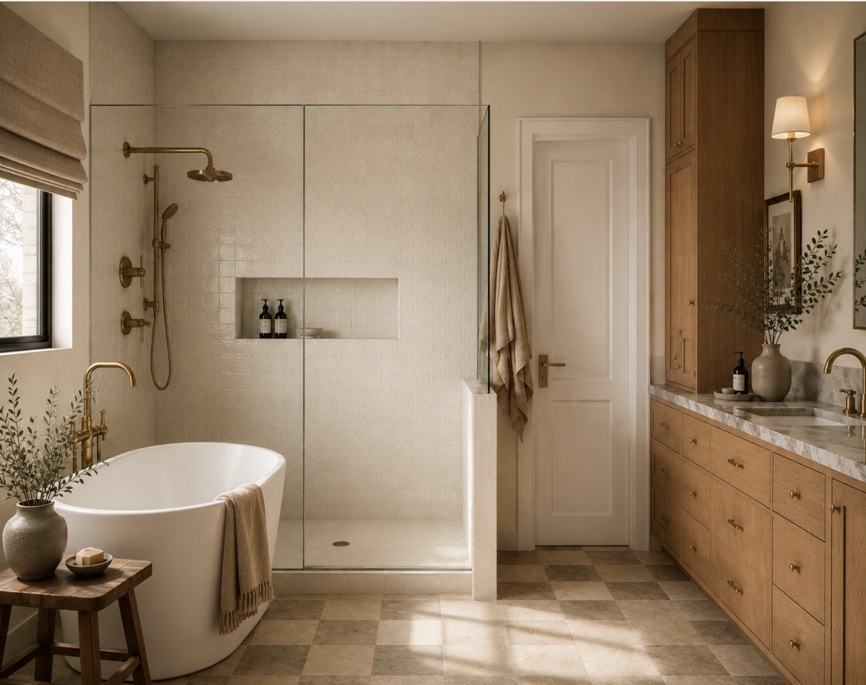 A modern bathroom with a freestanding bathtub, a glass-enclosed shower, wooden cabinetry, and natural decor.