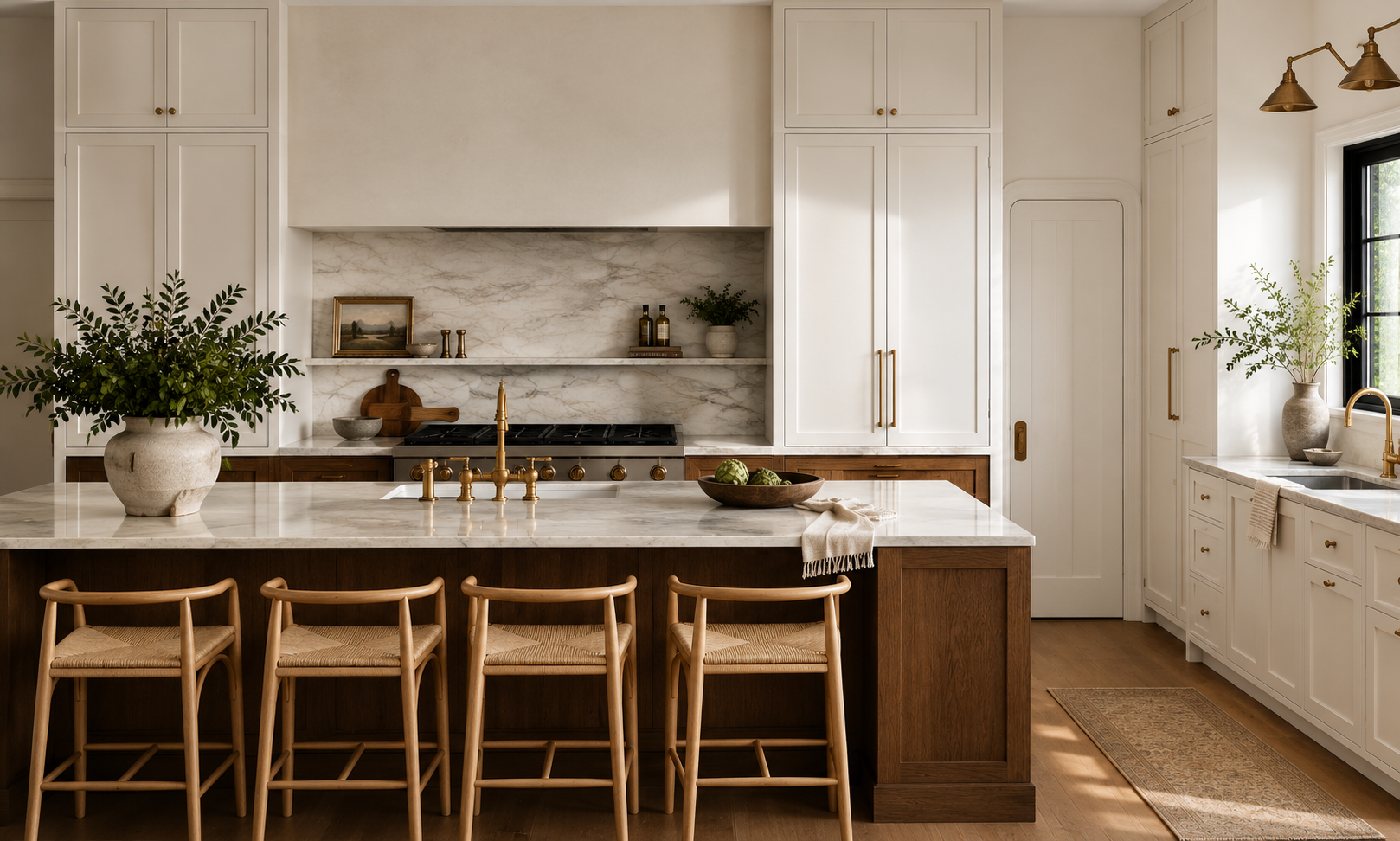 Modern kitchen with white cabinets, marble backsplash, wooden accents, gold fixtures, potted plants, kitchen island with four wooden chairs, and natural light from a window.