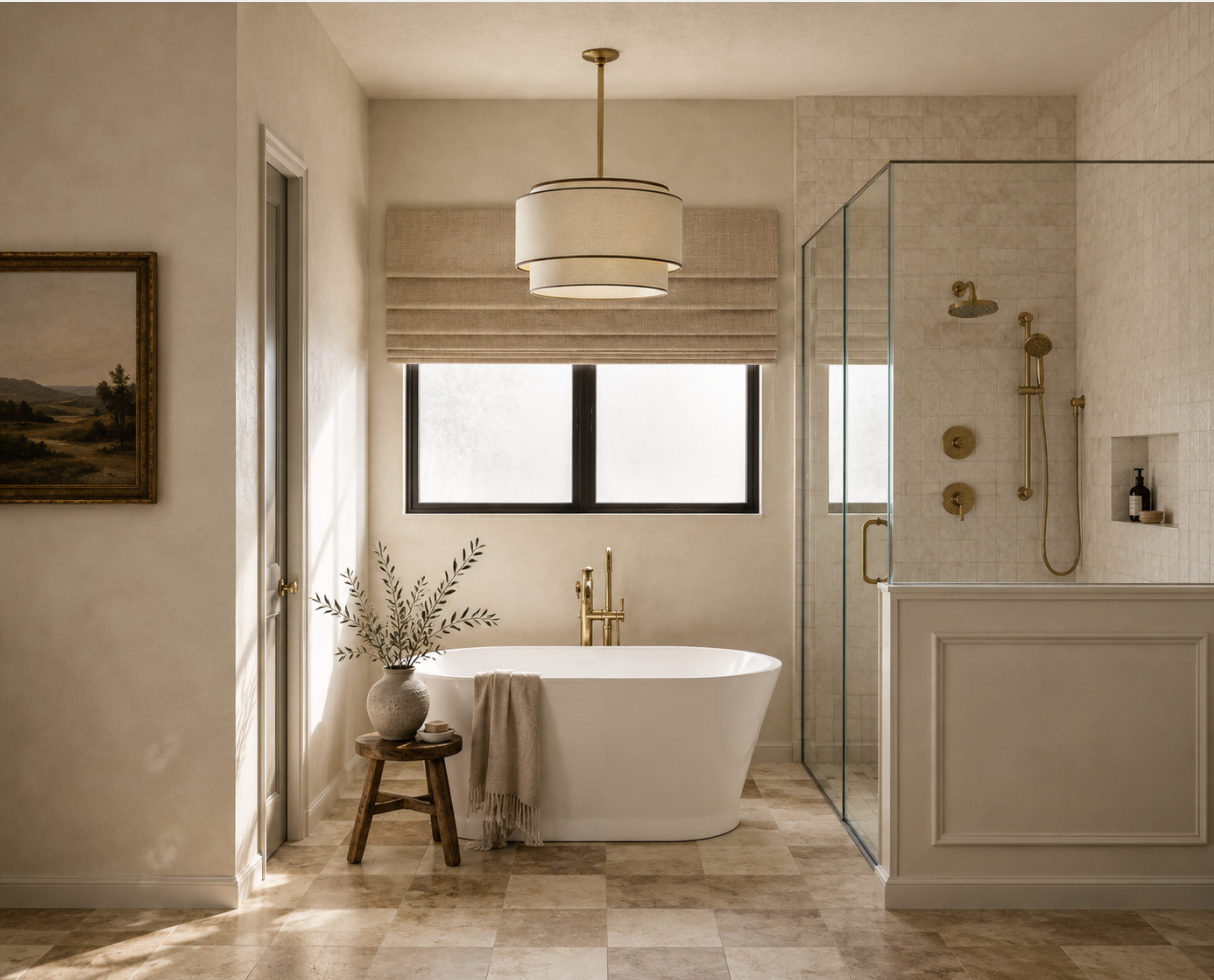 A bathroom with a freestanding bathtub, a window with beige roman shades, and a glass-enclosed shower with gold fixtures. A wooden stool with a potted plant and a towel sits near the tub. The bathroom features soft beige walls, a ceiling light with a beige shade, and a framed landscape painting.