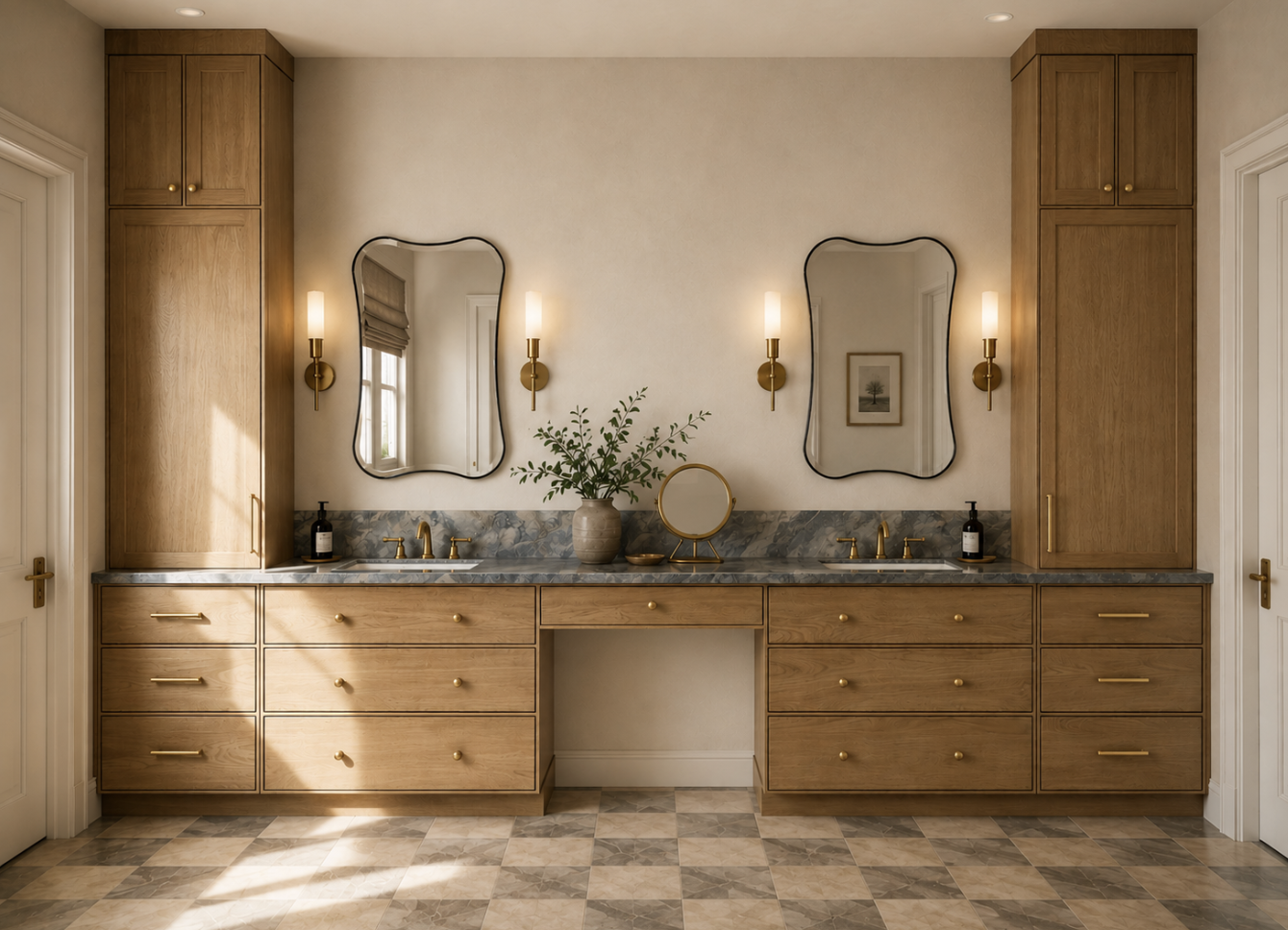 A bathroom vanity with a marble countertop, two mirrors, and six drawers, illuminated by wall-mounted lights, with a potted plant and a small mirror in the center.