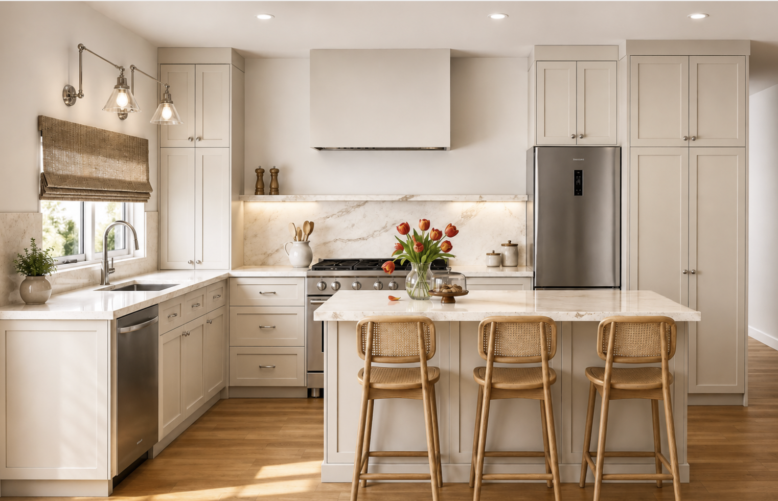 Modern white kitchen with marble countertops, oak barstools, stainless steel appliances, and a vase of orange tulips on the island.