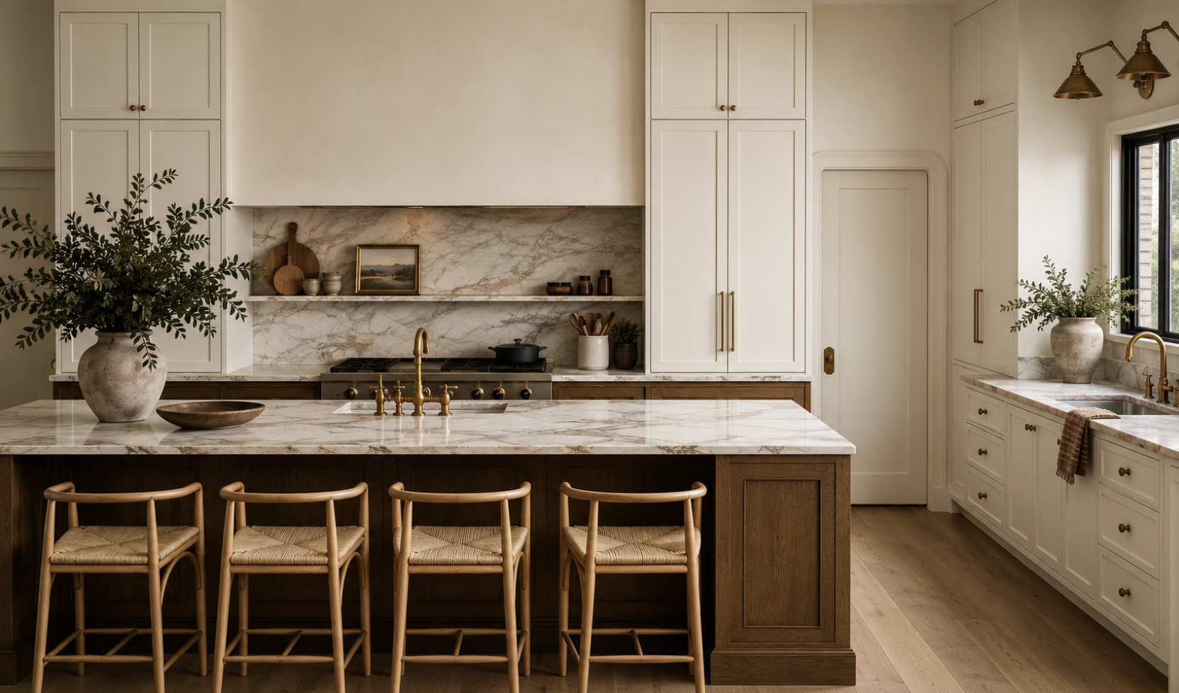 Modern kitchen with white cabinetry, marble countertops, brass fixtures, and wooden accents, including a central island with four chairs, large vases with greenery, and a window with a view outside.