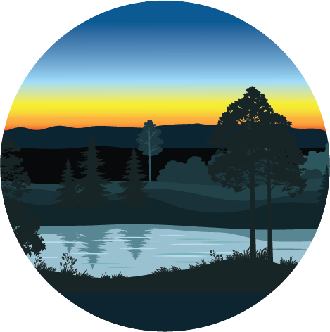 Sunset over a forested lake with silhouettes of trees and distant mountains.