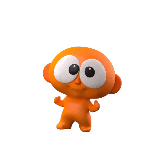 Cartoon orange character with large eyes and small body, standing and smiling.