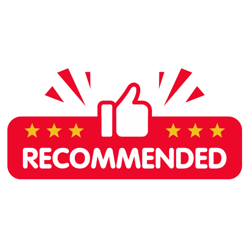 A red badge with five gold stars, a thumbs-up icon, and the word "RECOMMENDED" in white, indicating a positive review or approval.