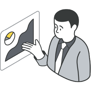 A man wearing a suit and tie pointing at a presentation chart with a pie chart and line graph.