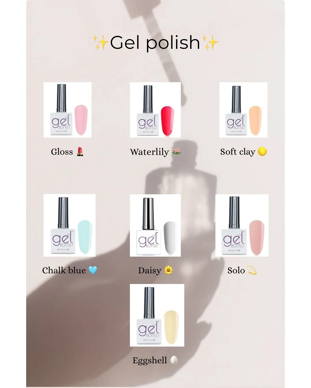 A little colour menu !!
💅 I only use polishes from @the_gelbottle_inc to ensure my clients receive the cleanest most professional manicures and pedicures possible
• Here is my new colours to add the the collection .. have a swipe to see if
