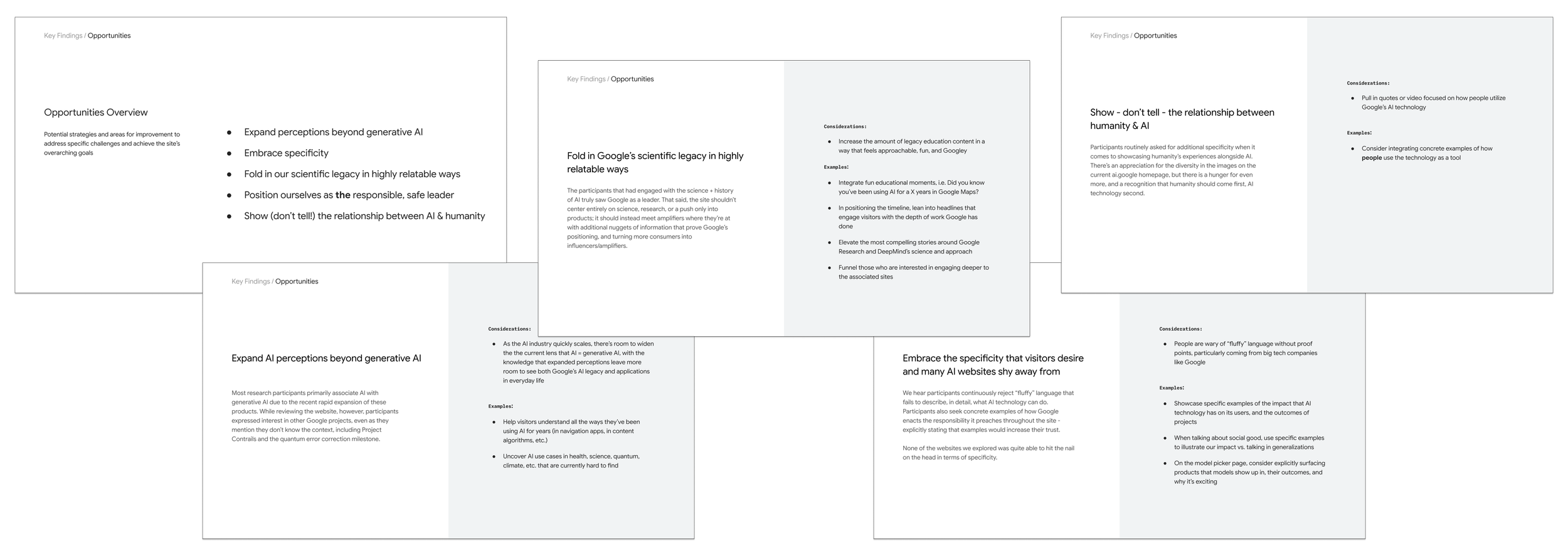 Slide presentation with slides discussing opportunities and key findings related to AI, Google, and humanity. Topics include expanding perceptions beyond generative AI, leveraging Google's scientific legacy, trusting AI, and emphasizing specific approaches and examples.