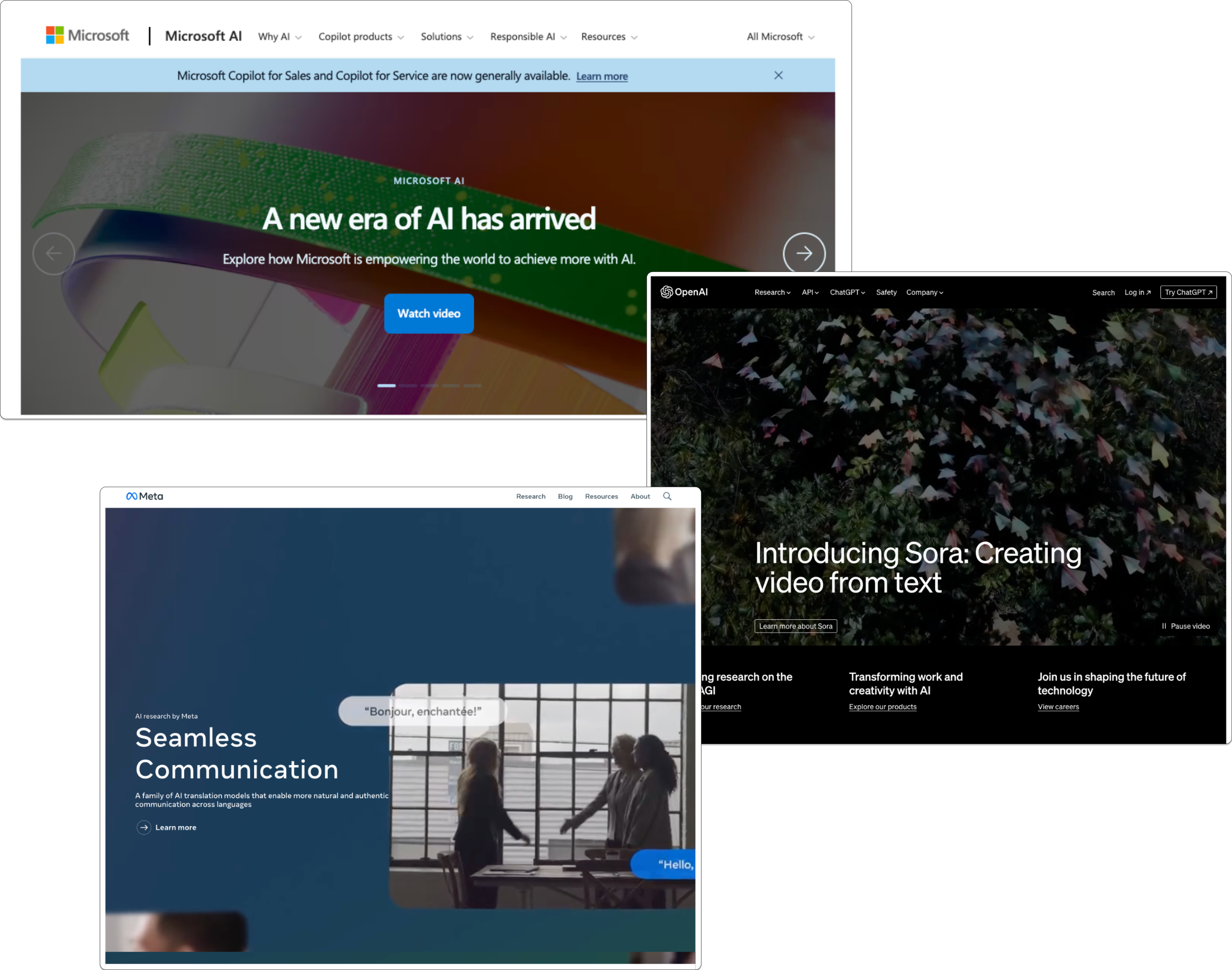 Screenshots of three websites about AI and technology, including Microsoft AI, OpenAI, and Meta, showcasing AI research, tools, and communication.