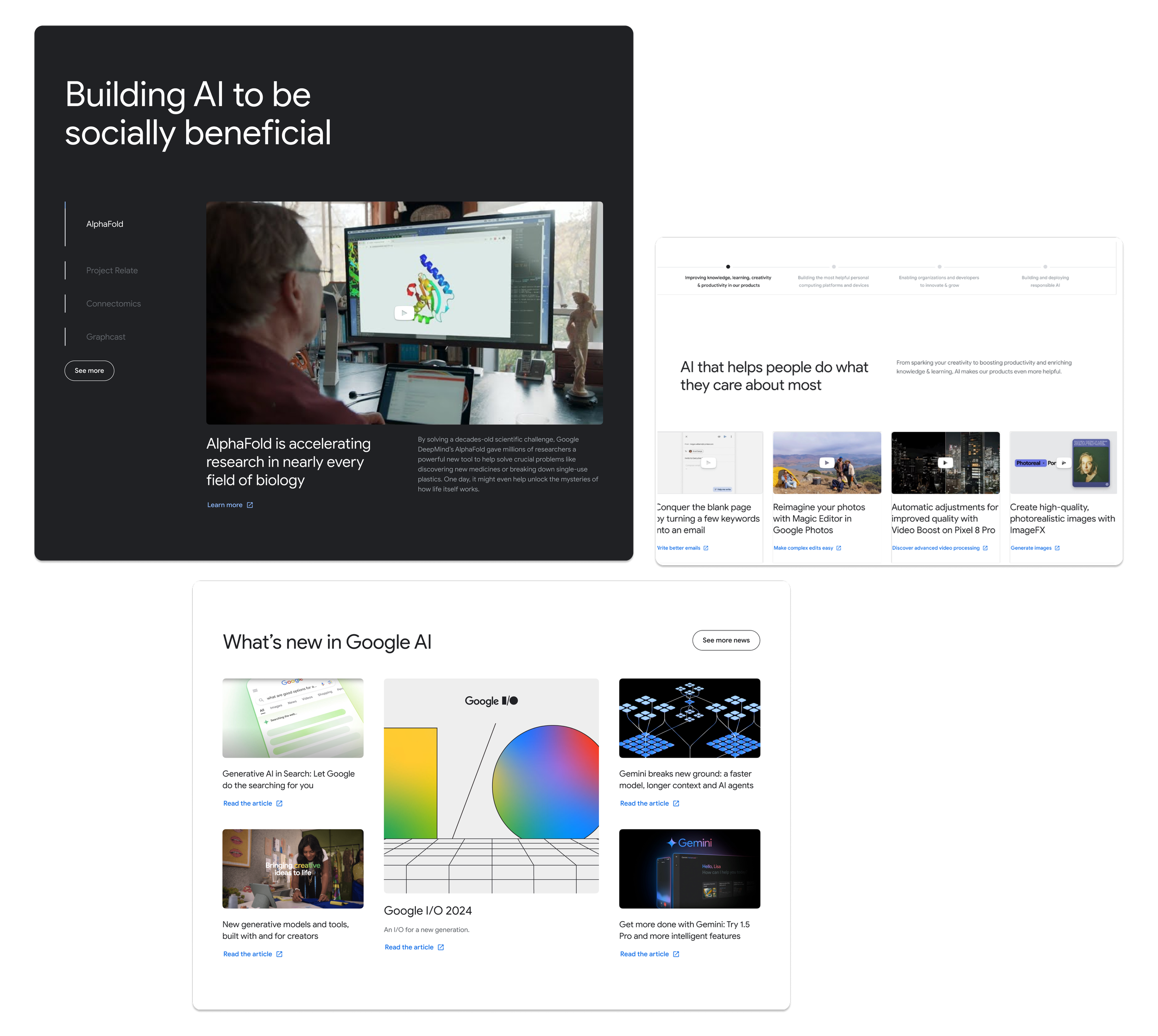Screenshots of technology-focused webpages about building beneficial AI, Google AI updates, and advancements in AI research.