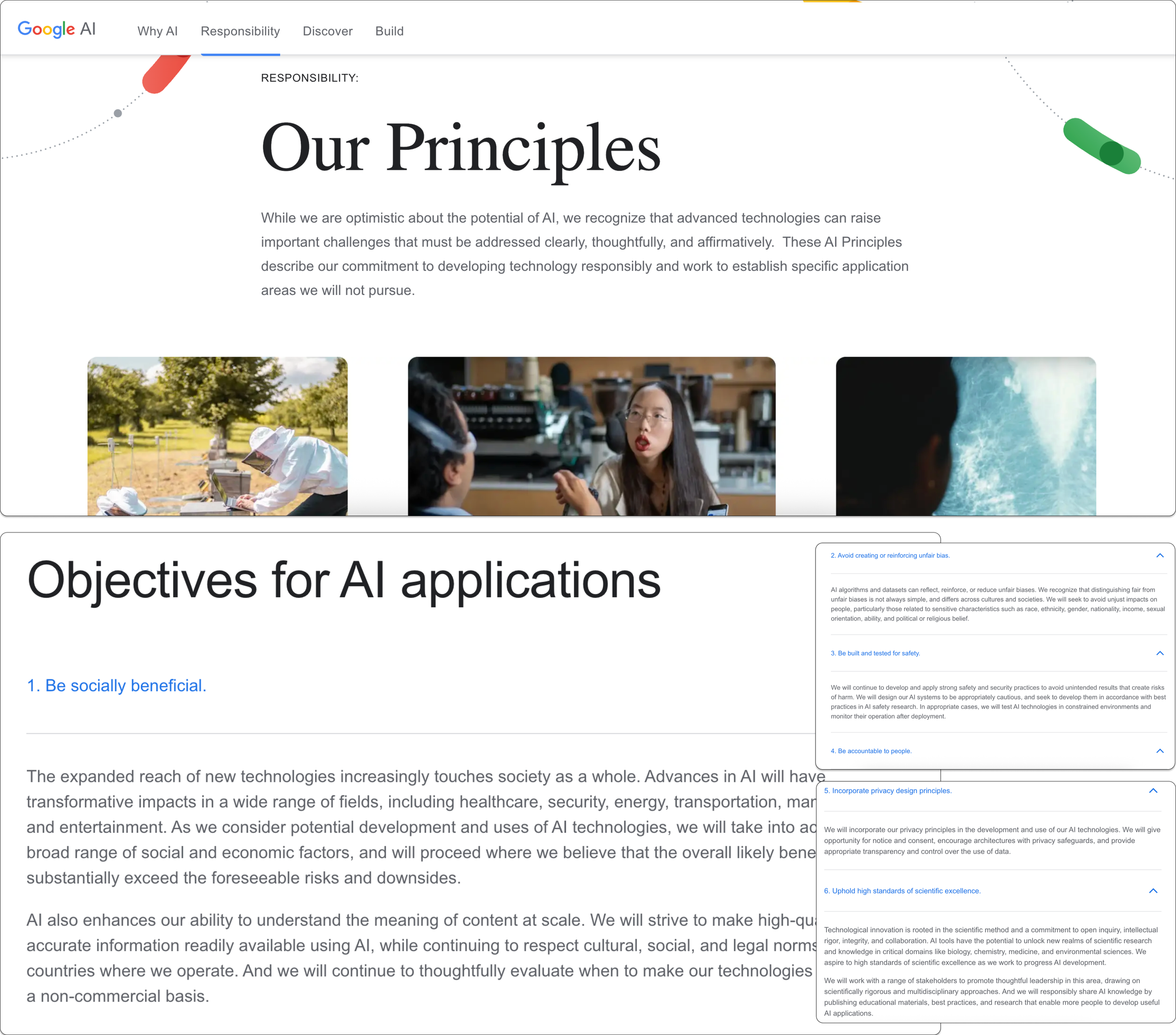 Screenshot of a webpage titled 'Our Principles' under the section 'Objectives for AI applications,' with a description and several bullet points outlining AI principles.