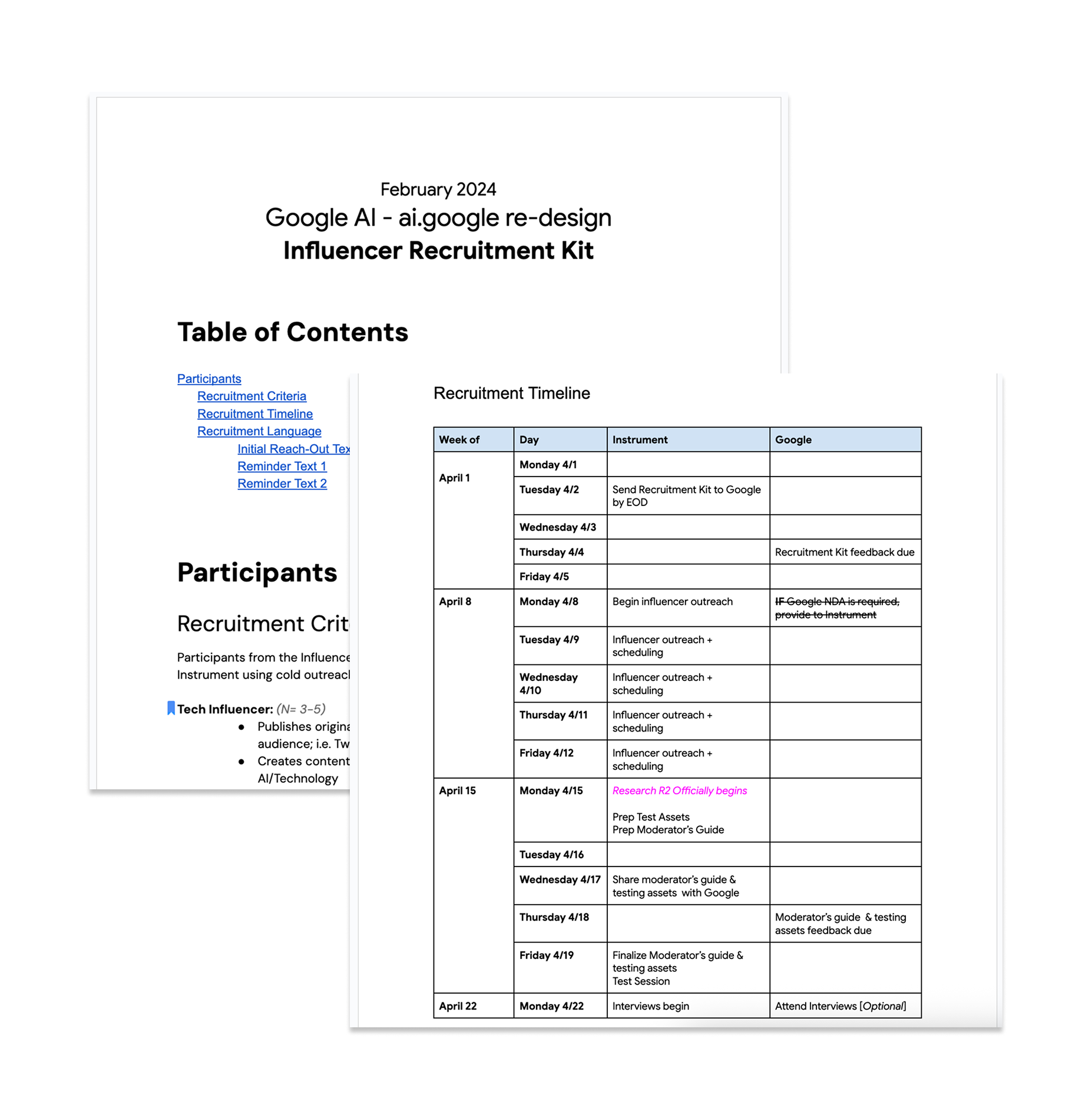 Two overlapping pages with a document titled 'Google AI - ai.google re-design Influencer Recruitment Kit,' containing a table of the recruitment timeline and sections for participants and additional information.