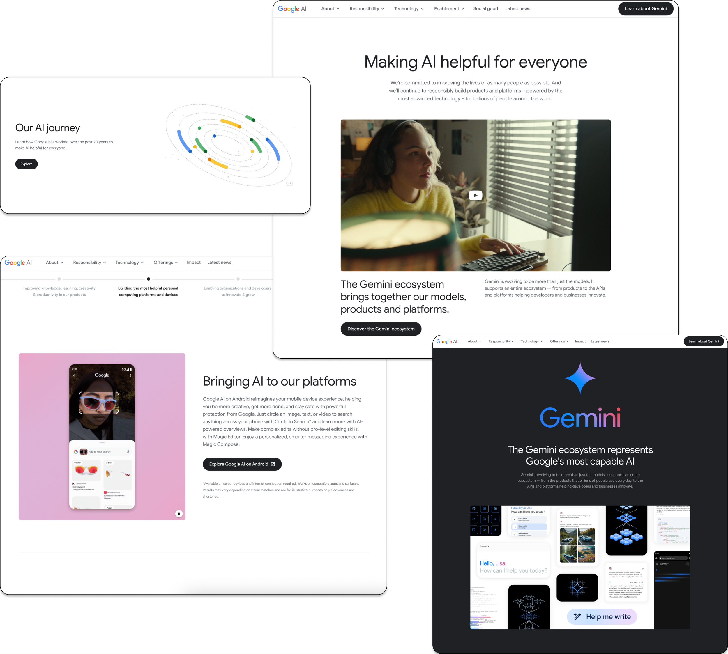 Collection of web pages and UI design mockups related to Google's Gemini AI ecosystem and AI platform, showcasing text, images, and interface elements.