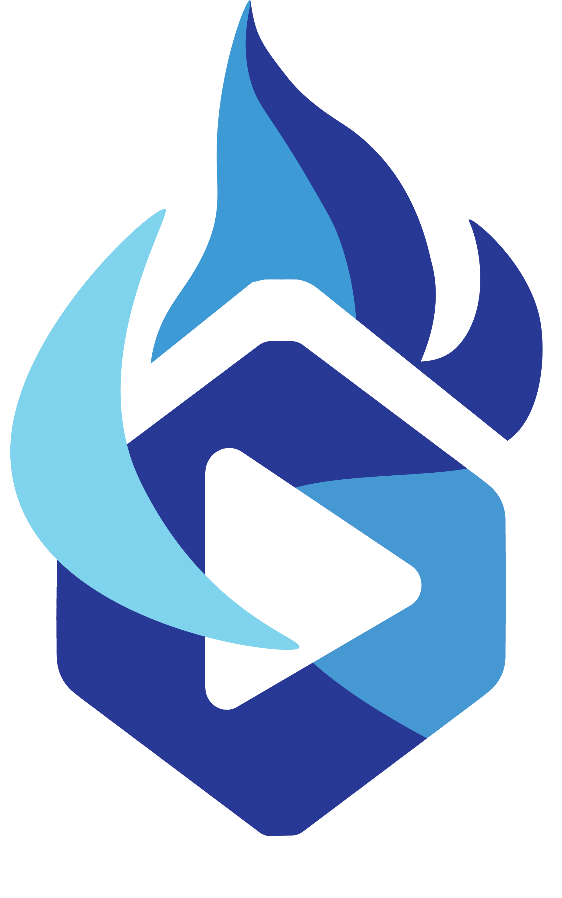 A stylized logo featuring a play button surrounded by flames and water elements in shades of blue and white.