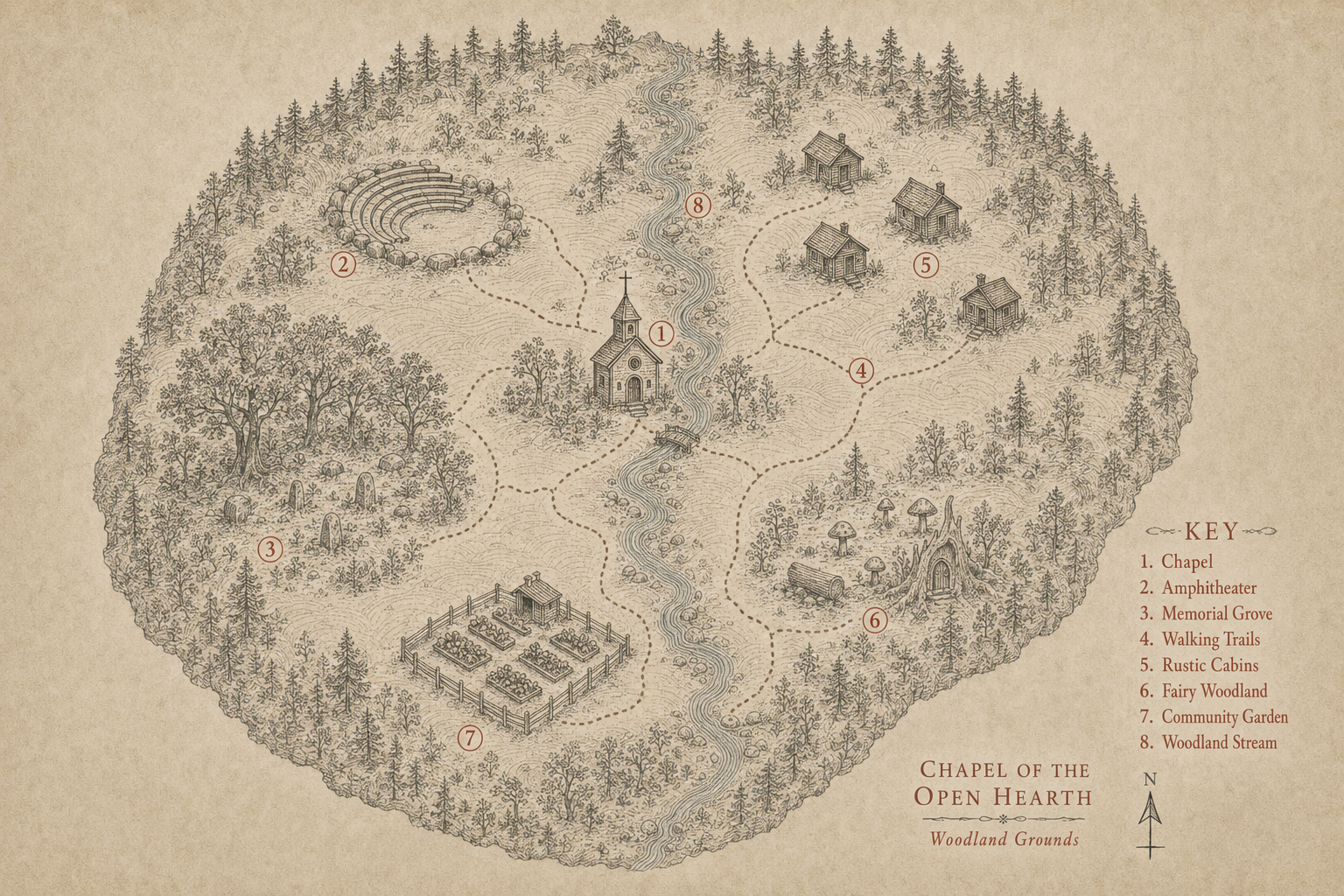 Map of the Chapel of the Open Heart woodland grounds showing an illustrated layout with numbered key for chapel, amphitheater, memorial grove, walking trails, rustic cabins, fairy woodland, community garden, and woodland stream.