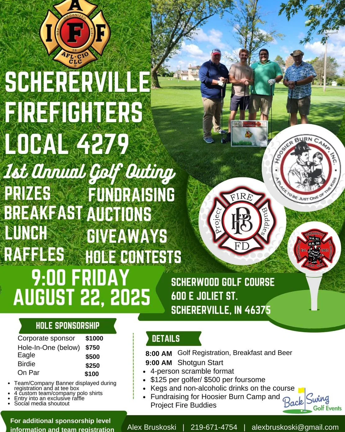 🚨🔥 JOIN US ON THE GREEN! 🔥🚨
The Schererville Firefighters Union Local 4279 is proud to host our 1st Annual Golf Outing.

⛳️ Date: Friday, August 22nd, 2025
📍 Location: Scherwood Golf Course, Schererville, IN
🕗 Registration: 8:00 AM
🚨 Shotgun S