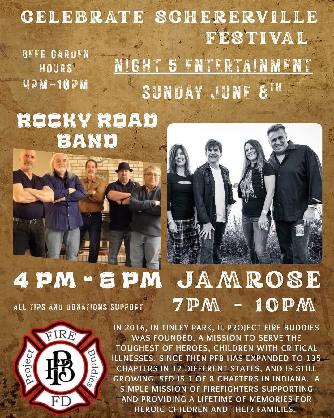 Tonight&rsquo;s the final night of Celebrate Schererville Fest.  Come on out for one final night of fun, live music, cold beer, and delicious food!

Tonight&rsquo;s music lineup:

Rocky Road Band - 4-6PM
Classic rock, country, and more

Jam rose - 7-