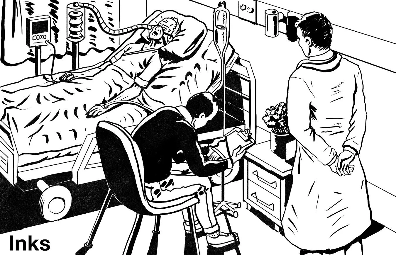 Illustration of hospital visitor beside bed-ridden patient