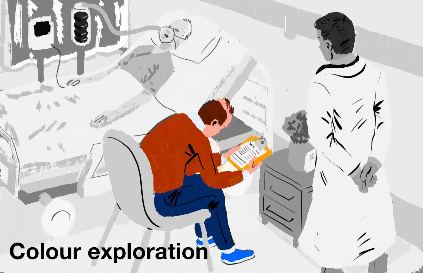 Illustration of hospital visitor beside bed-ridden patient