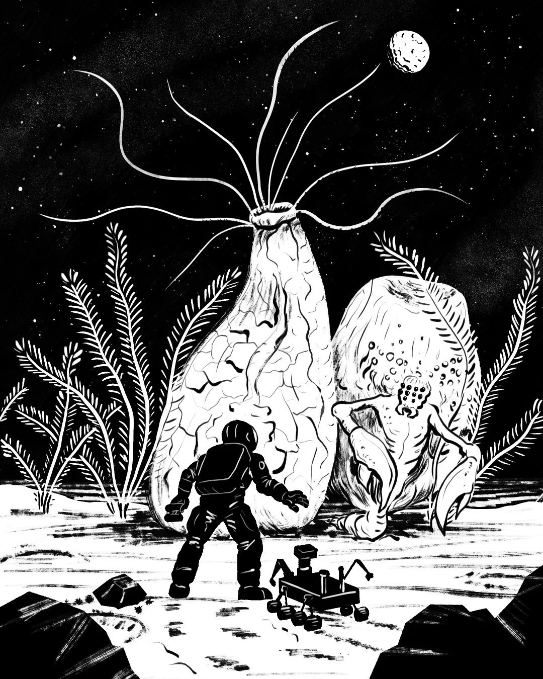 Black and white illustration of astronaut on alien world
