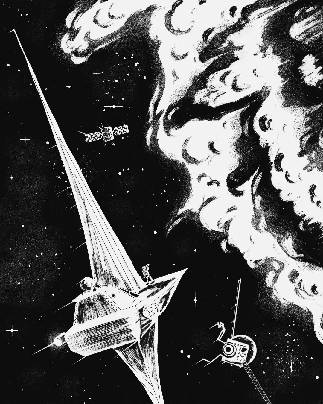 Black and white illustration of sailing spaceship near nebula