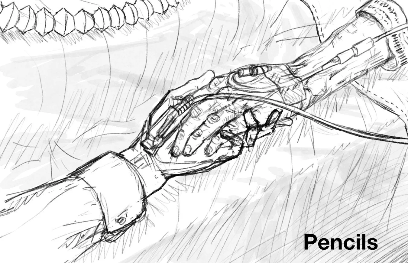 Sketch of hospital visitor holding hand of bed-ridden patient