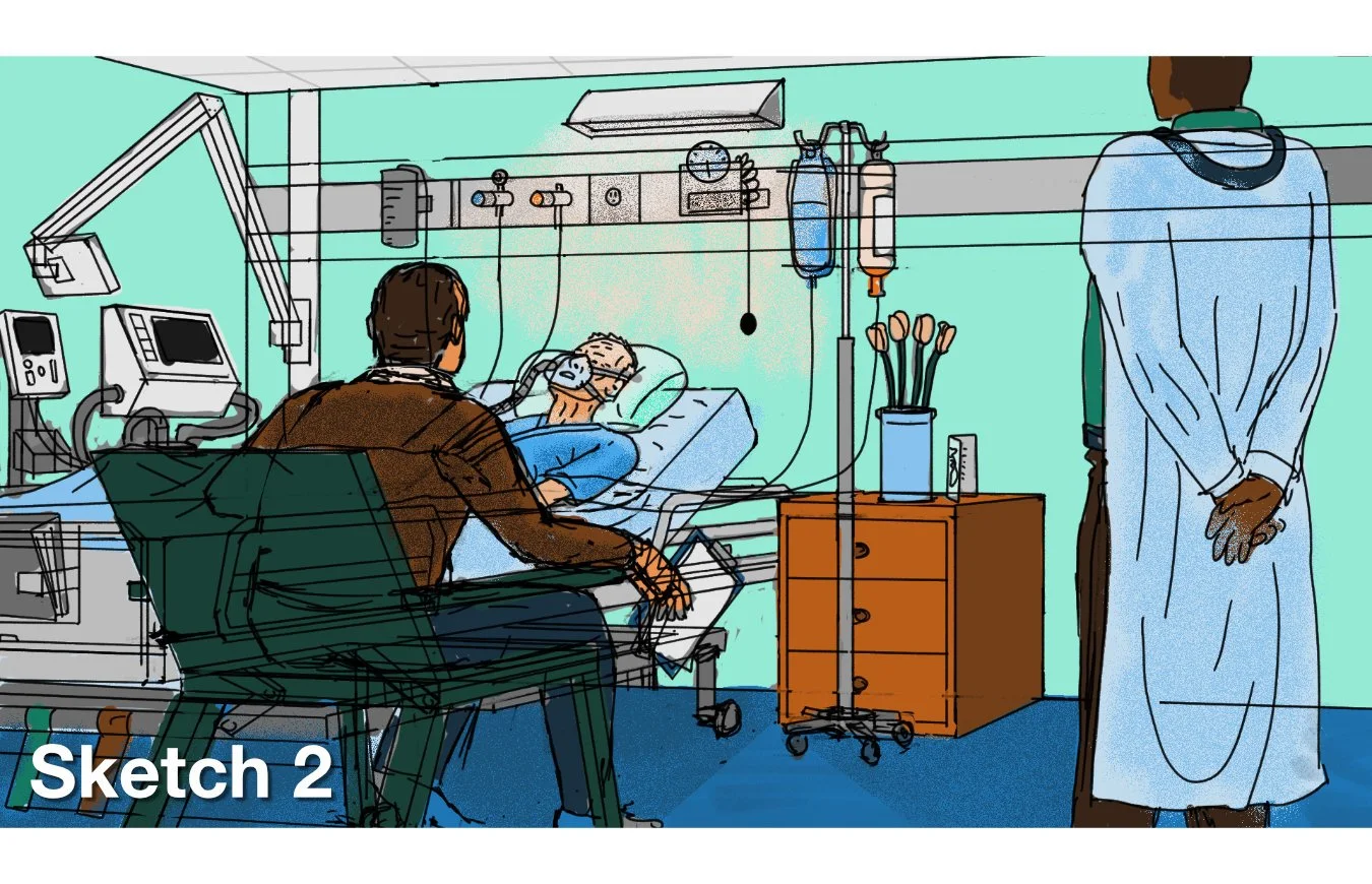 Illustration of hospital visitor beside bed-ridden patient