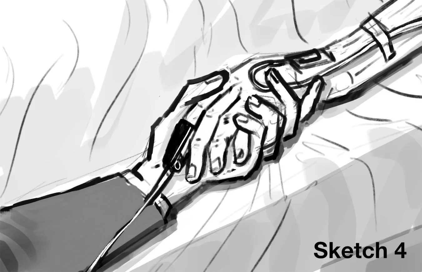 Sketch of hospital visitor holding hand of bed-ridden patient