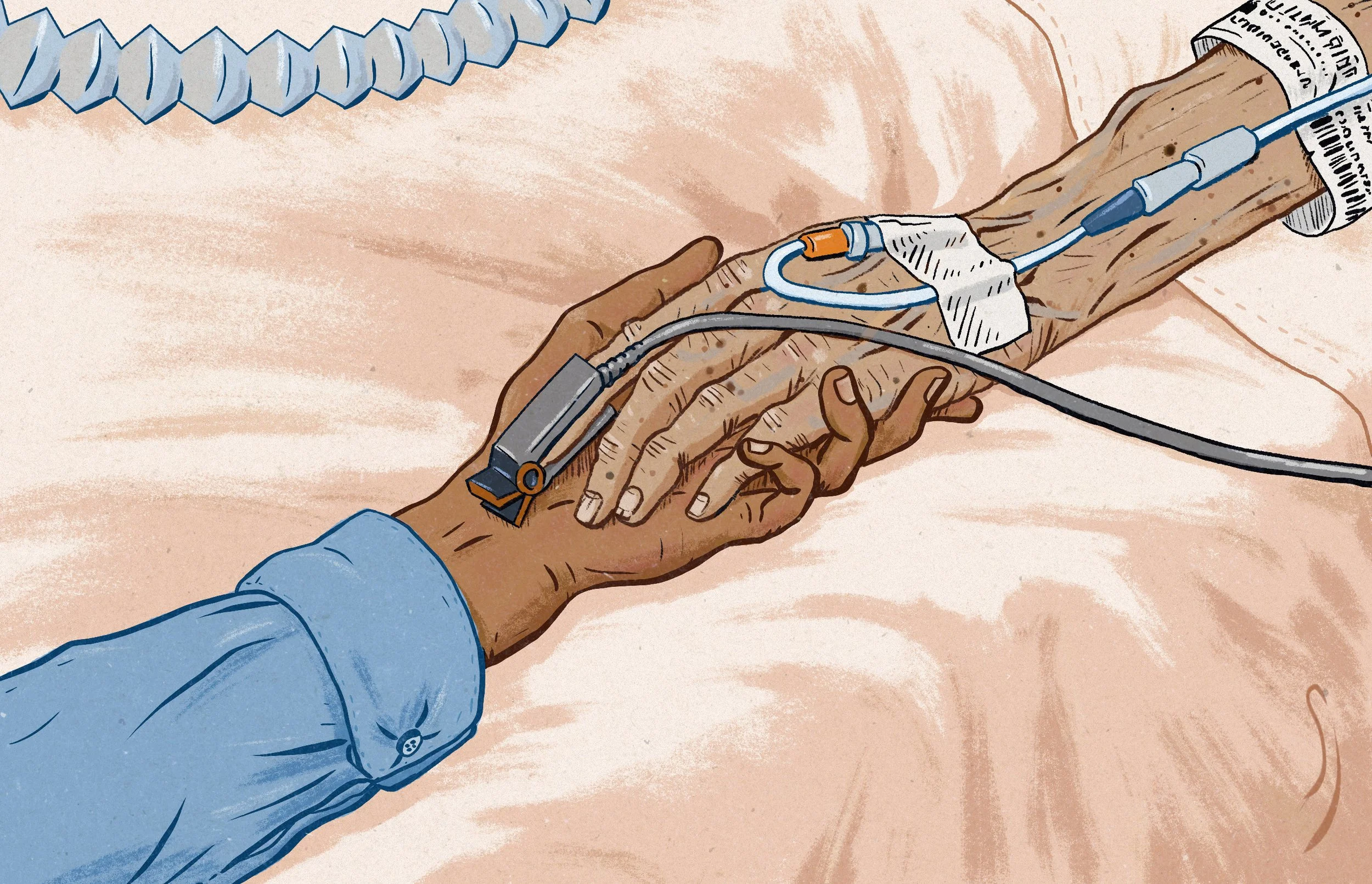 Illustration of hospital visitor holding hand of bed-ridden patient