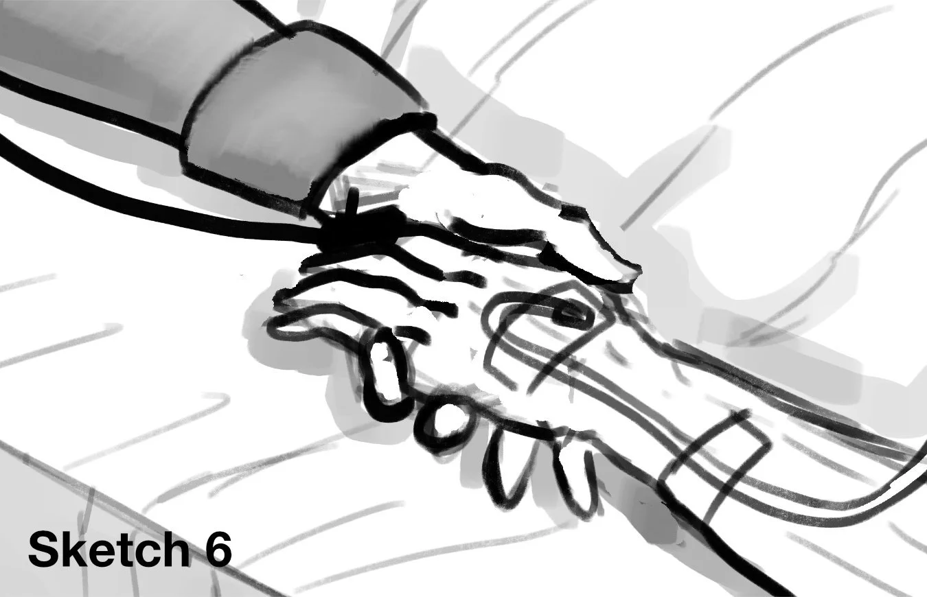 Sketch of hospital visitor holding hand of bed-ridden patient