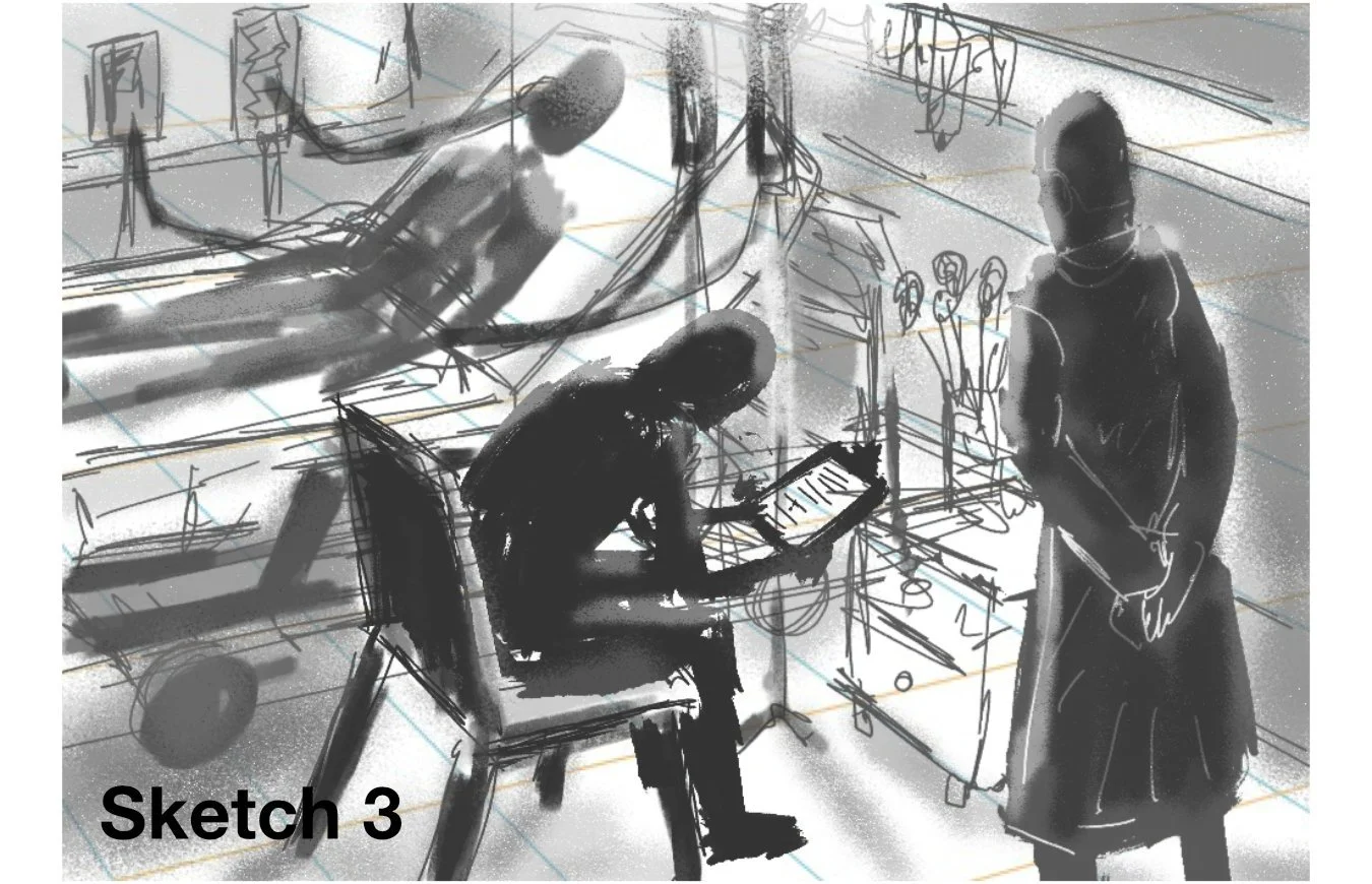 Illustration of hospital visitor beside bed-ridden patient