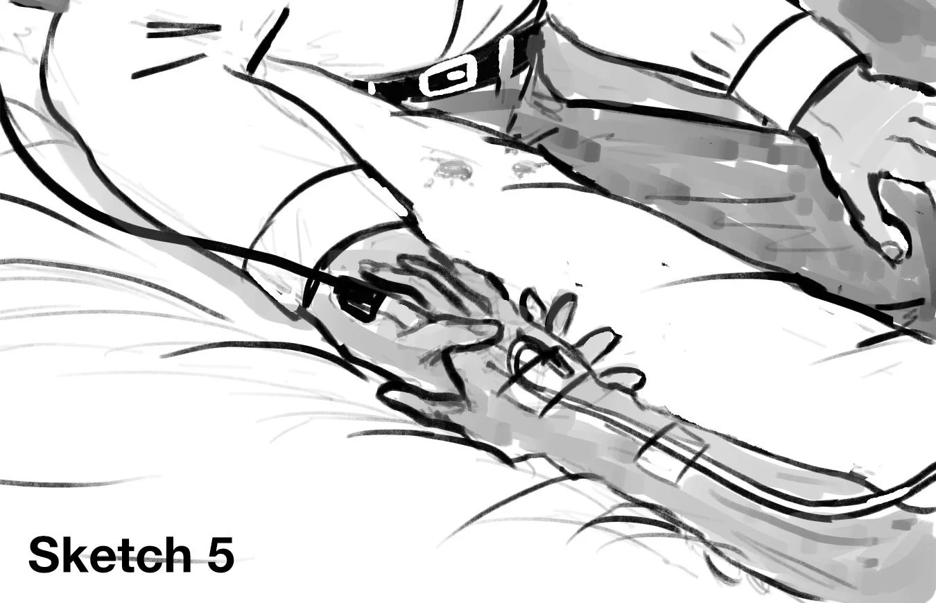 Sketch of hospital visitor holding hand of bed-ridden patient