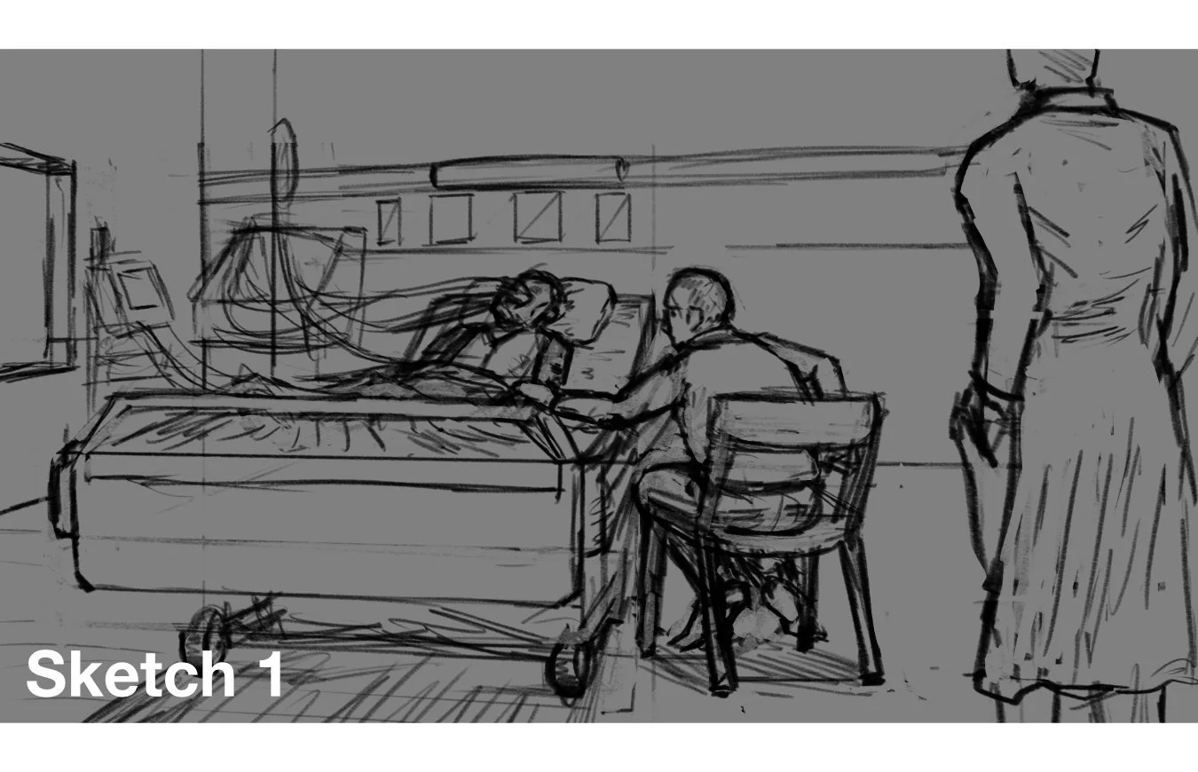 Illustration of hospital visitor beside bed-ridden patient