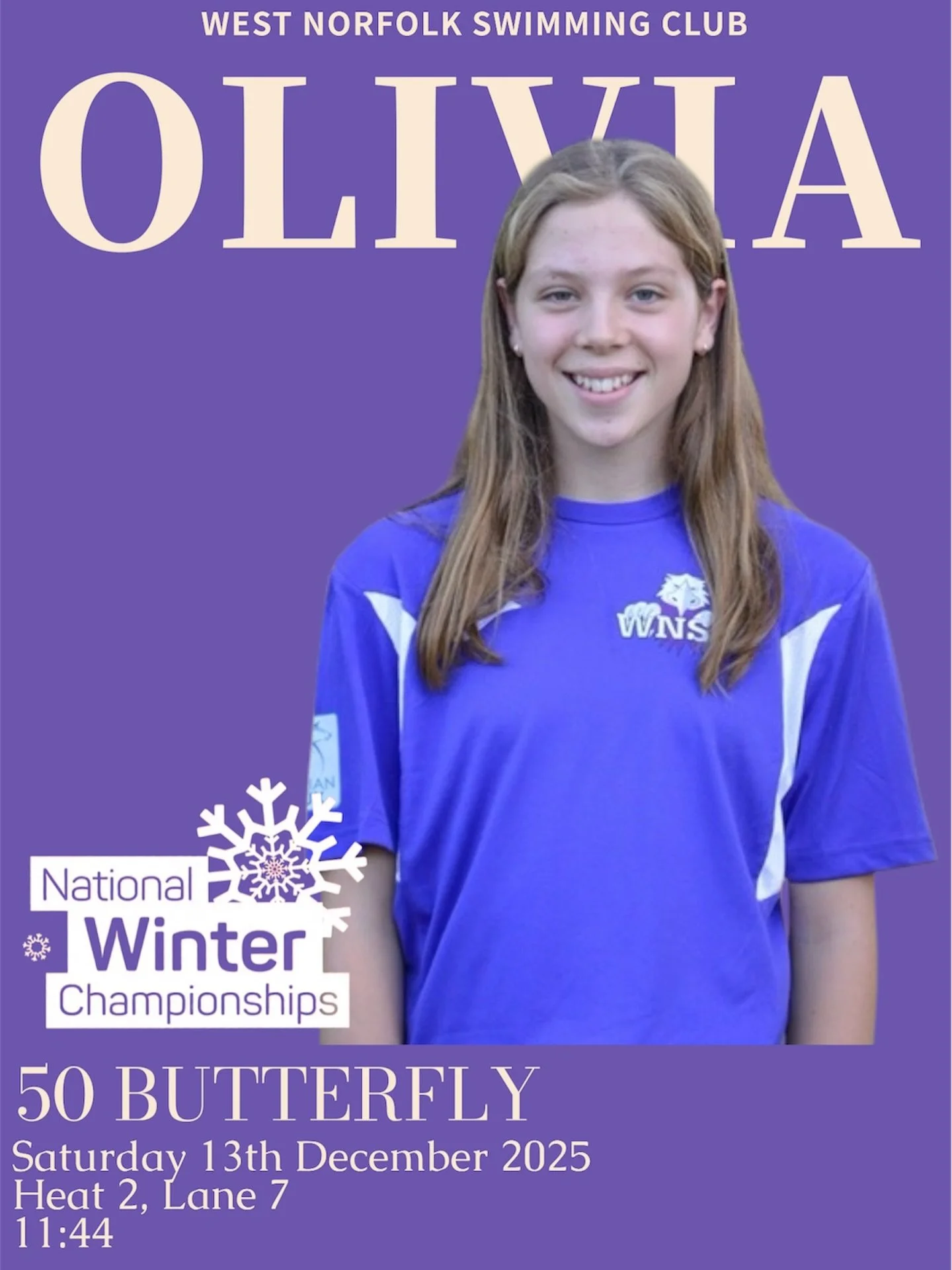 Tomorrow, Olivia will compete in the 50 butterfly event at the Winter Nationals taking place at Ponds Forge. She is scheduled for heat 2, lane 7, around 11:44. Let&rsquo;s wish her good luck!

You can catch all the action live on Swim England&rsquo;s