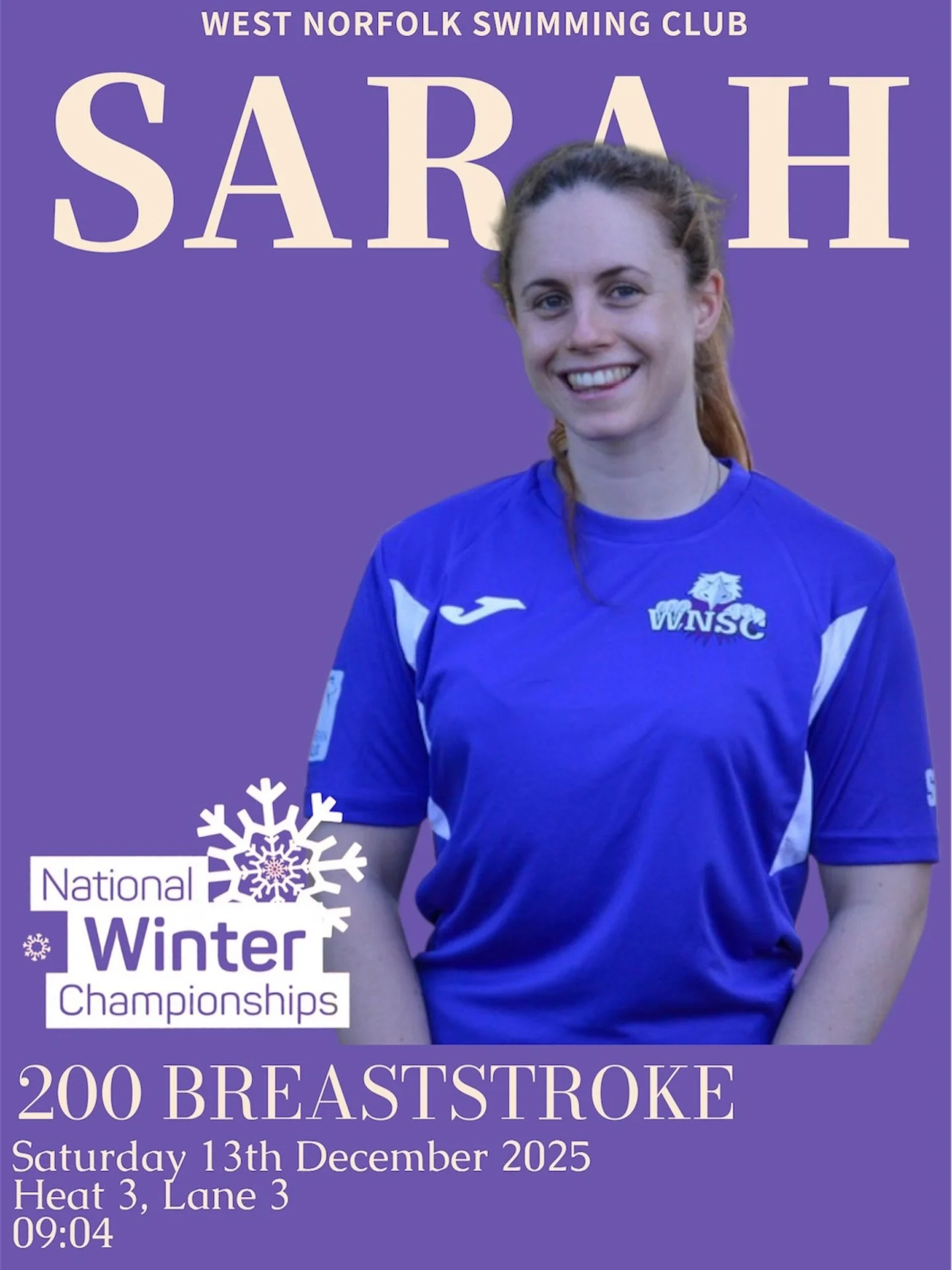 Tomorrow, Sarah will compete in the 200m breaststroke at the Winter Nationals taking place at Ponds Forge. She is scheduled for heat 3, lane 3, around 09:04.

You can catch all the action live on Swim England&rsquo;s YouTube channel.

#wnsc #westnorf