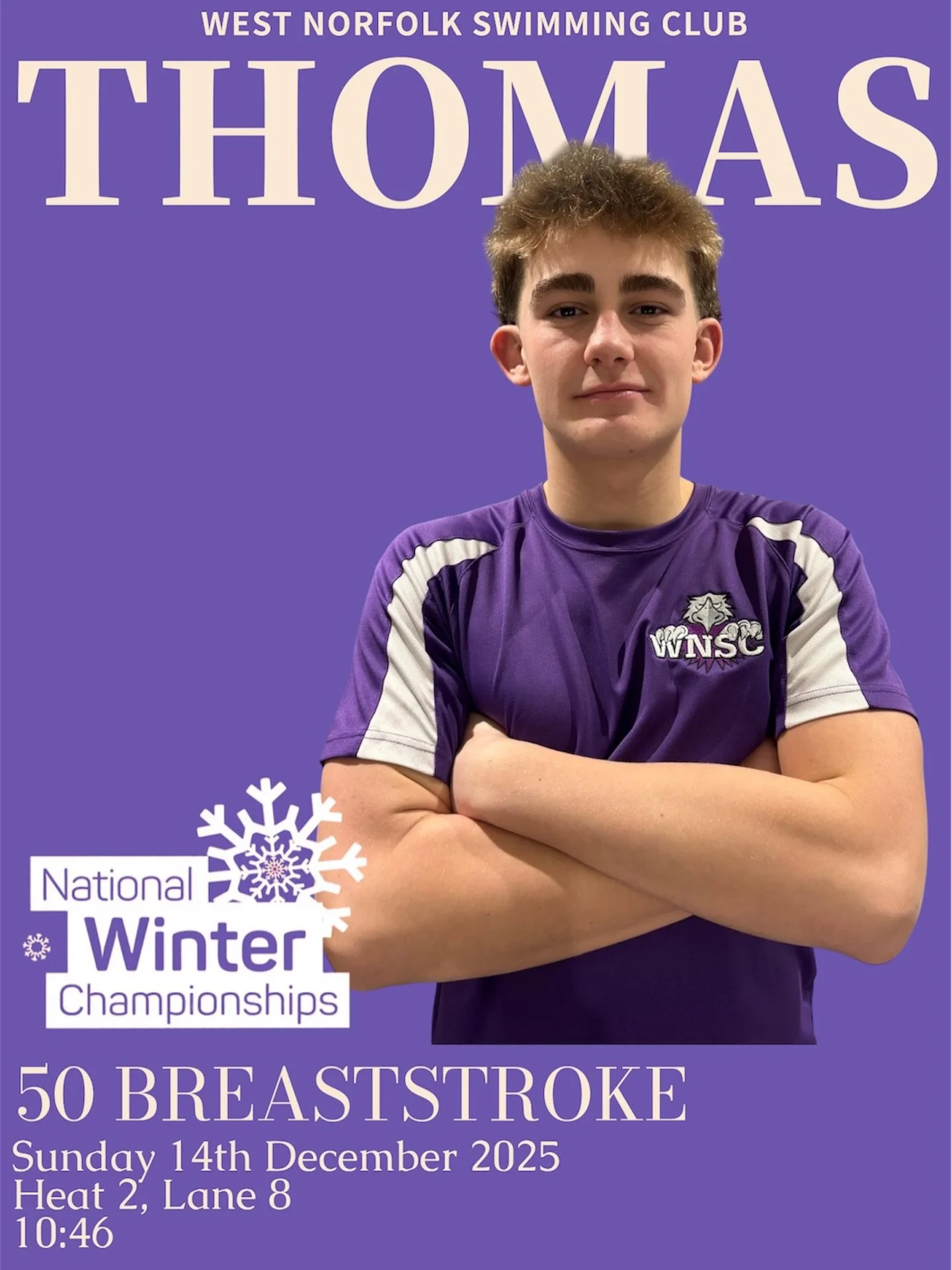 Thomas is set to compete in the 50m breaststroke at Winter Nationals tomorrow (Sunday), heat 2, lane 8, around 10:46am. Let&rsquo;s wish him the best of luck!

You can catch all the action live on Swim England&rsquo;s YouTube channel.

#wnsc #westnor