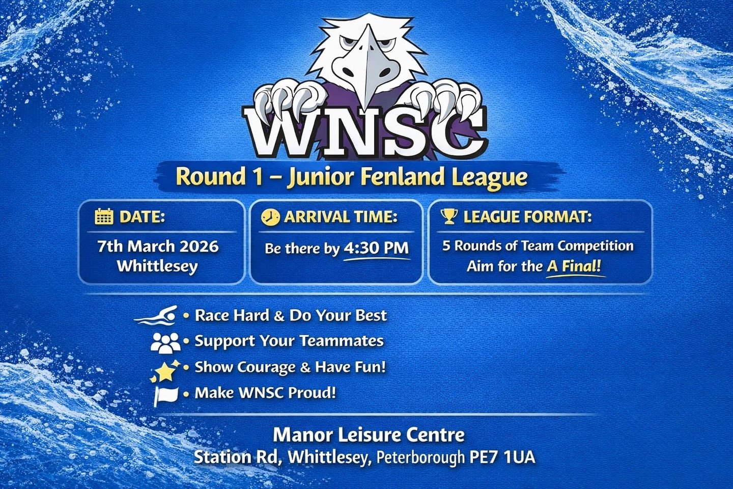 It&rsquo;s a busy weekend in the pool for our Purple Army with three events taking place.

This Saturday our younger members kick off this year&rsquo;s Junior Fenland League galas at Whittlesey.

Good luck to all those taking part.

#wnsc #purplearmy