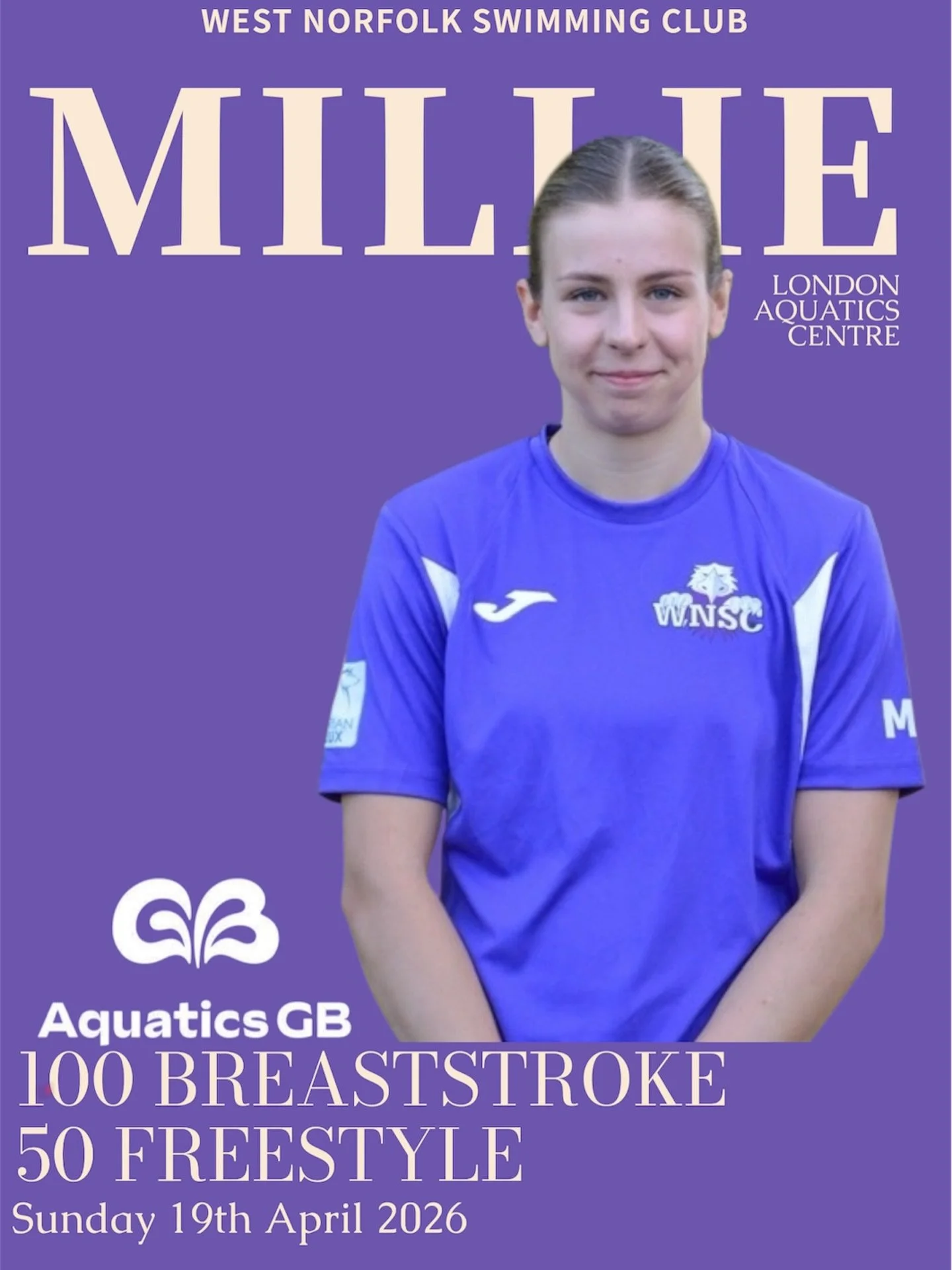 It&rsquo;s the last day of the Aquatics GB Championships tomorrow and we&rsquo;ll see Millie in action in two more events; 

&bull; 100m breaststroke - 10:08 heat 5 lane 8

Followed by

&bull; 50m freestyle - 10:58 heat 5 lane 3

#wnsc #purplearmy #a