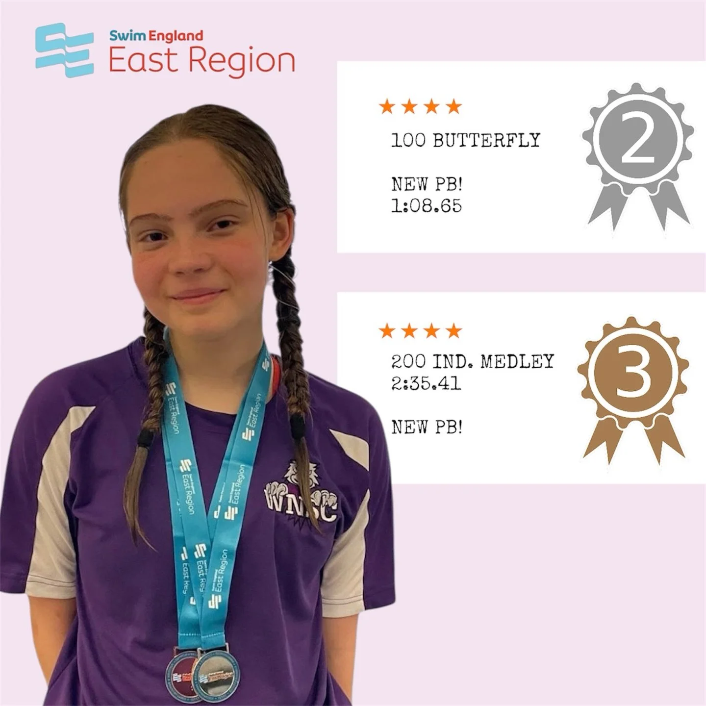 Our regional swimmers had an incredible weekend at the Swim England Regional Long Course Championships being held in Norwich this bank holiday weekend, bringing home a collection of medals between them.

Valeria takes a silver and a bronze medal home