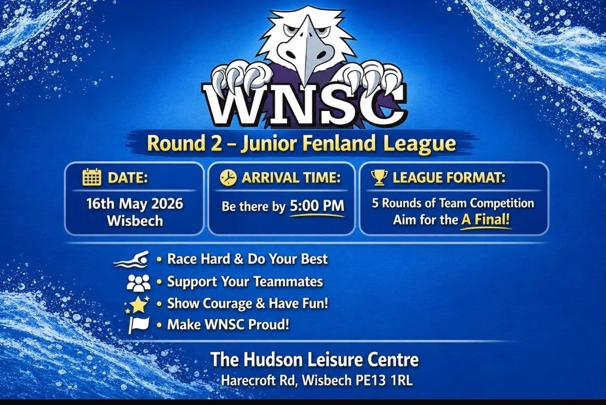 Round 2 of the Junior Fenland League takes place this Saturday - 16th May 2026

📍Hudson Leisure Centre, Harecroft Road, Wisbech, PE13 1RL

🕑 Swimmers to arrive by 5pm

👀 Spectator seating is limited. Tickets are first come, first served:

Order in