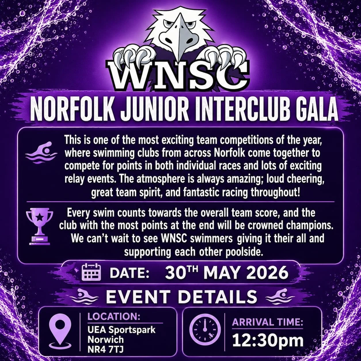 Good luck to our juniors who are competing in the Norfolk Junior Interclub Gala this Saturday. Come ready to swim fast and cheer your teammates.

🗓️ Saturday 30th May 2026

🕐 Arrive by 12:30pm

📍UEA Sportspark

⚠️ Please plan your journey. The A47