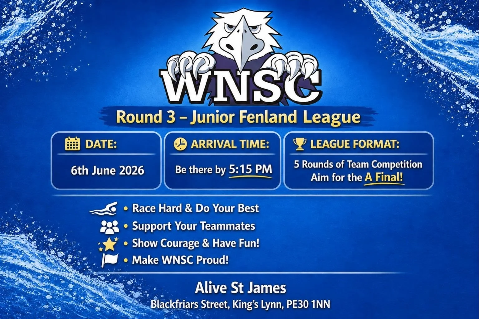 Good luck to our young JFL team who will be taking part in our home round this Saturday - will they keep their winning streak going!?
📍Alive St James
🕗Arrive: 5:15pm
💷 Spectators: &pound;3 card or cash
⚠️ Spectating is limited to one person swimme