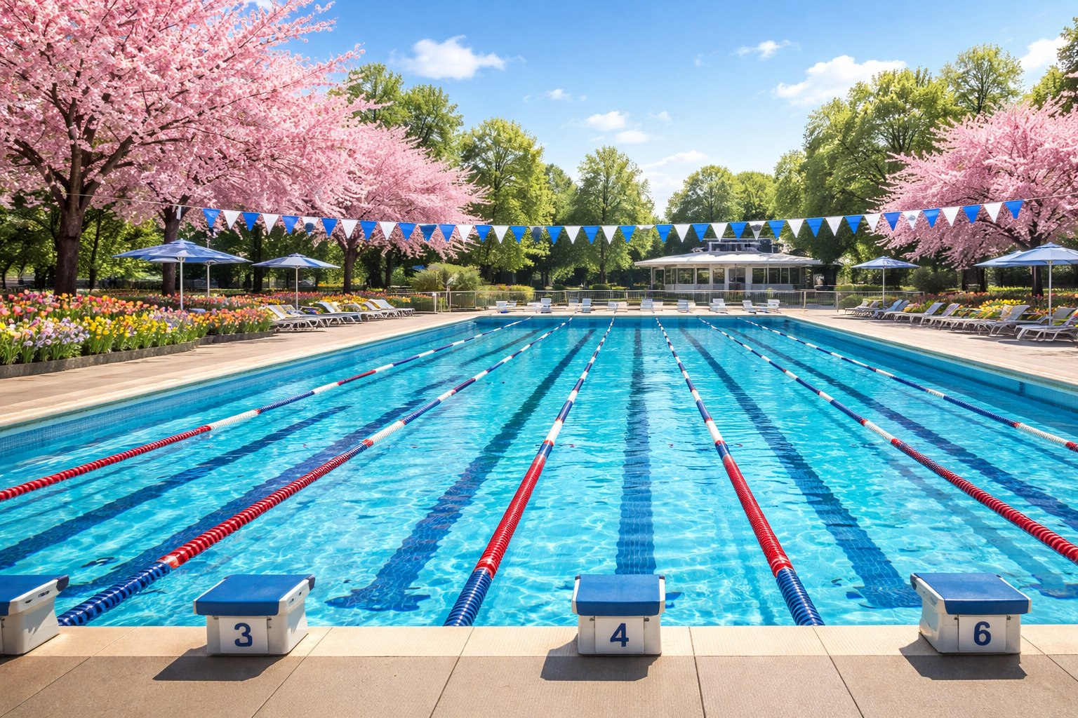 Swimming pool with blocks in a spring setting