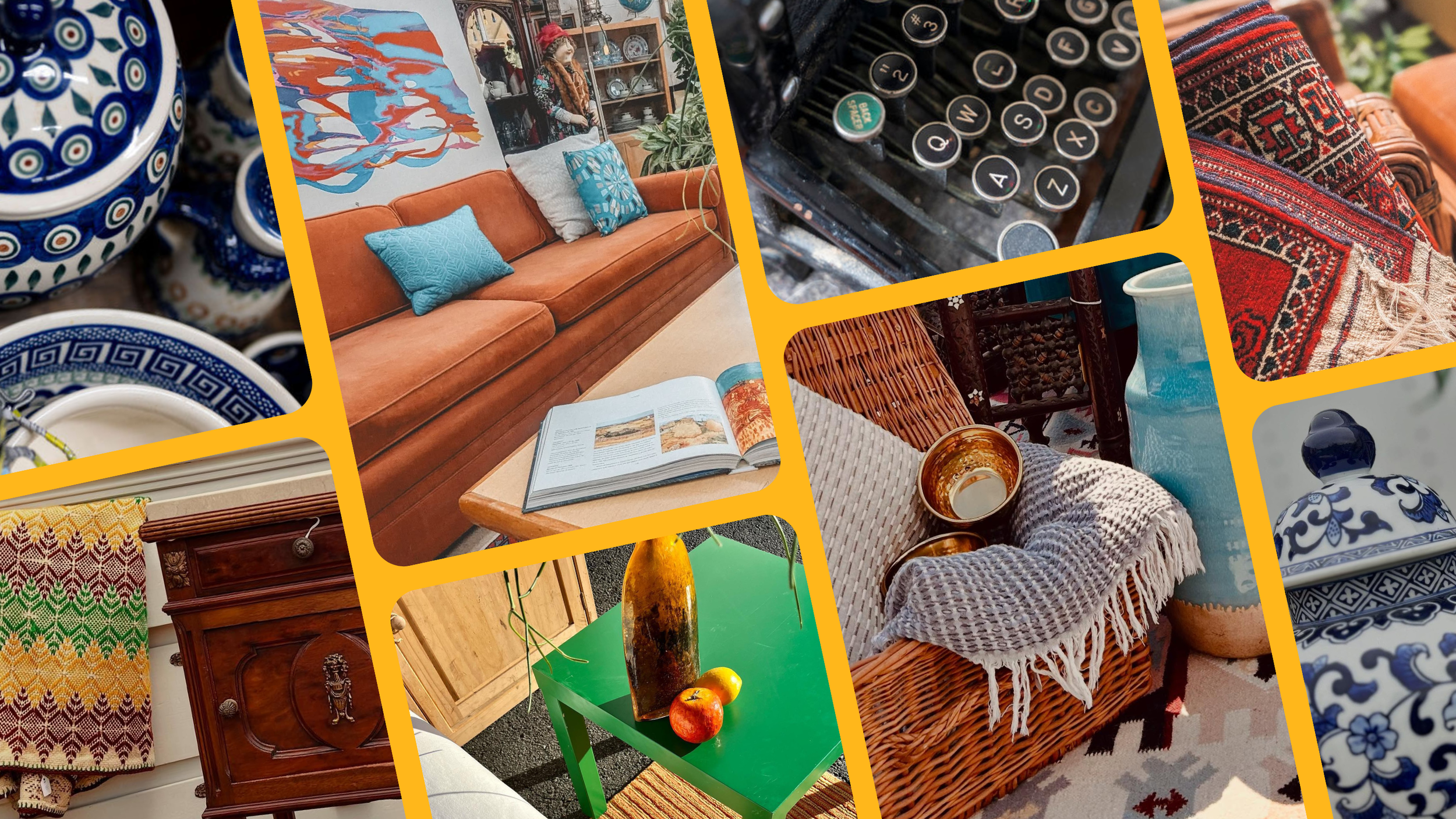 Collage of vintage and antique household decor, including a patterned ceramic bowl, a colorful abstract painting, a vintage typewriter, ornate textiles, a leather couch with pillows, an open book on a coffee table, a framed carved wooden piece, a green table with a decorative vase and apples, a wicker chair with a hanging basket, a ceramic vase, and a fringe-trimmed blanket.