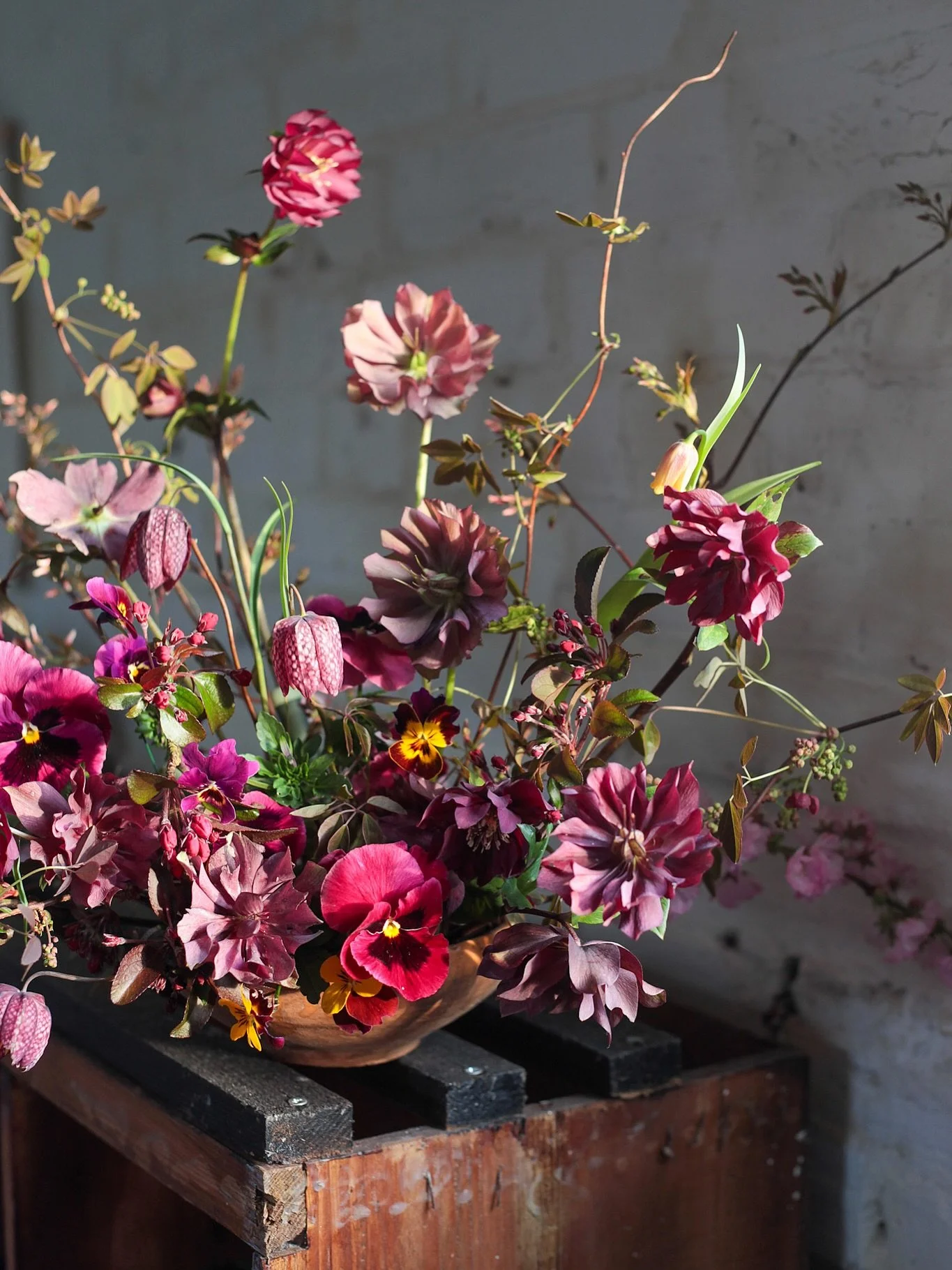 This was meant to be a bowl of daffodils.  I went and cut them all from the patch but got distracted by these fritillaries on the way back to the workshop so things went in a much darker, moodier direction. 

Anyone else head out with one thing in mi